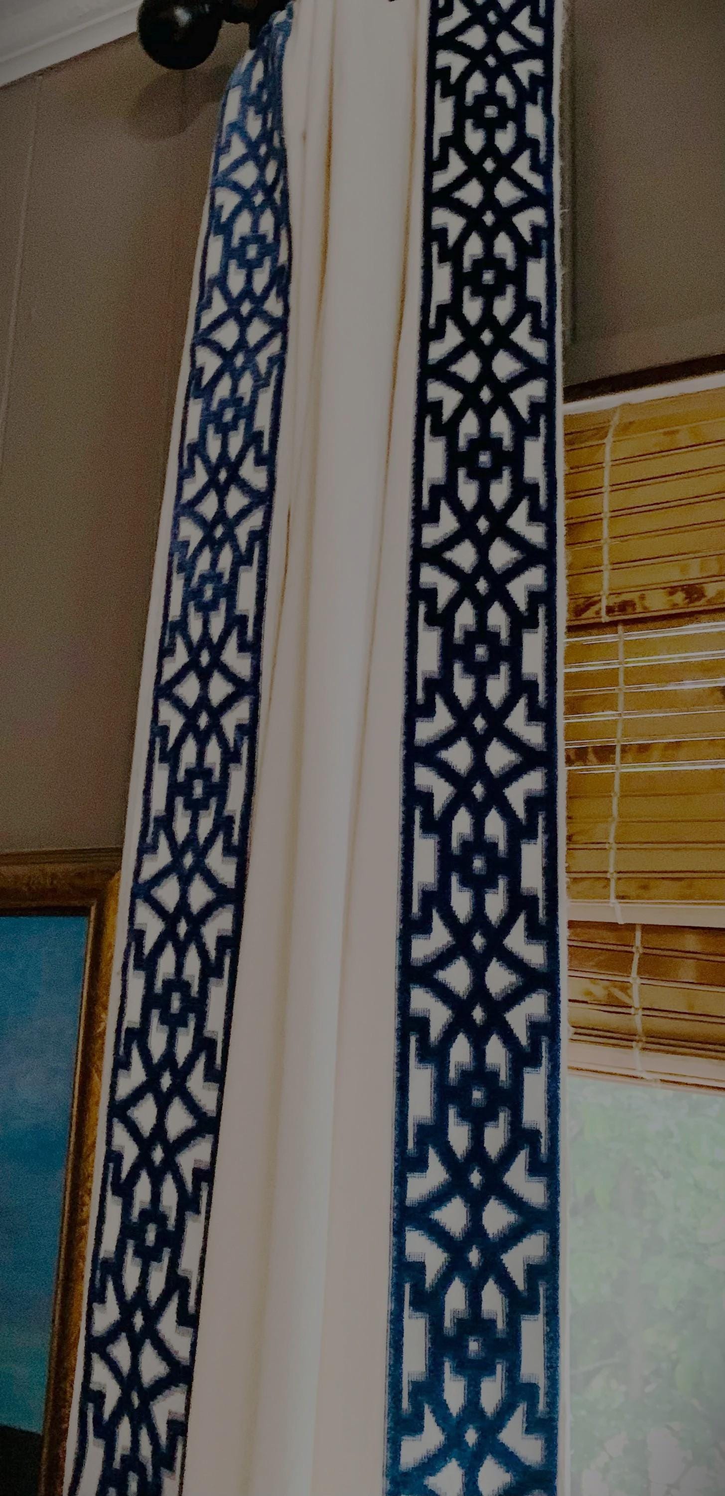Velvet Fretwork Ribbon trim curtains, Navy Blue Velvet Fretwork trimmed Border Curtains, Velvet Ribbon Trimmed Curtains SALE 50" x 80"