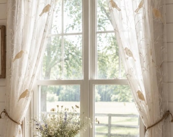 Sheer Curtains with tassel trim, sheer bird textured curtains with tassels