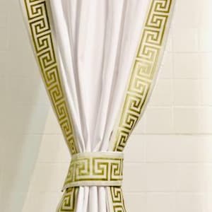 Salbei grüner griechischer Schlüssel Duschvorhang, weißer Baumwolle Duschvorhang mit gestickter griechischer Schlüssel Zierleiste, 180x96 cm