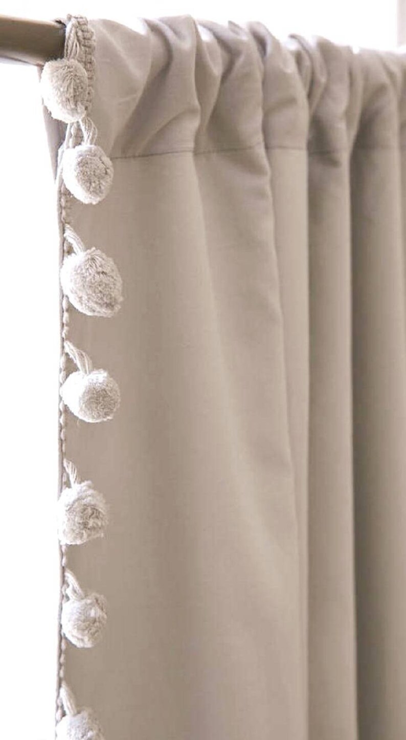 Grey Cotton Pom Pom Curtain With Blackout Lining Trim Etsy