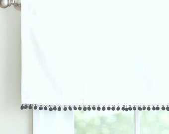 White Cotton Valance with Pom Pom or Tassel  trim SALE, Boho Pom Pom Valance, Tassel Valance