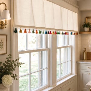 White Cotton Valance with Rainbow Tassel trim, Rainbow Tassel Valance, Multicolor Valance Curtain, Rainbow Tassel Nursery Valance