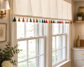 White Cotton Valance with Rainbow Tassel trim, Rainbow Tassel Valance, Multicolor Valance Curtain, Rainbow Tassel Nursery Valance