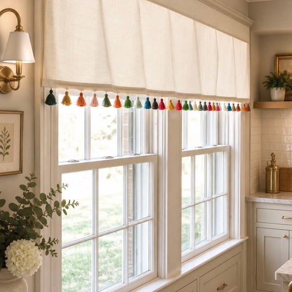 White Cotton Valance with Rainbow Tassel trim, Rainbow Tassel Valance, Multicolor Valance Curtain, Rainbow Tassel Nursery Valance