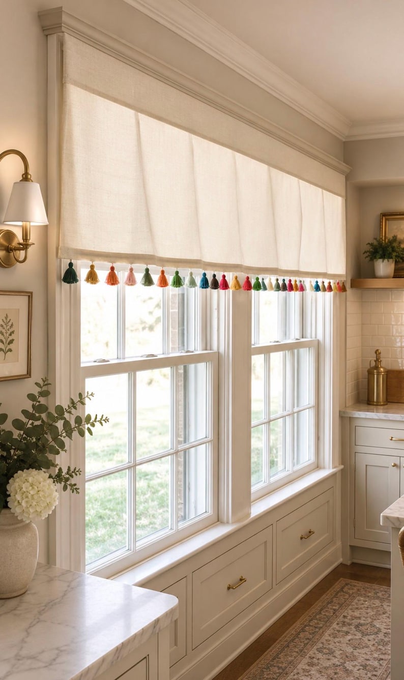 Multicolor Valance White Cotton Valance With Rainbow Tassel Trim, Rainbow Tassel Valance ...