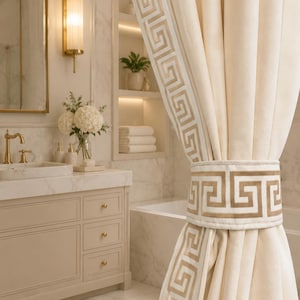 May include: A cream-colored curtain featuring a prominent gold Greek key pattern along the vertical edge and a matching tieback. The fabric has a smooth, matte texture, and the geometric design is embroidered in a metallic gold thread.