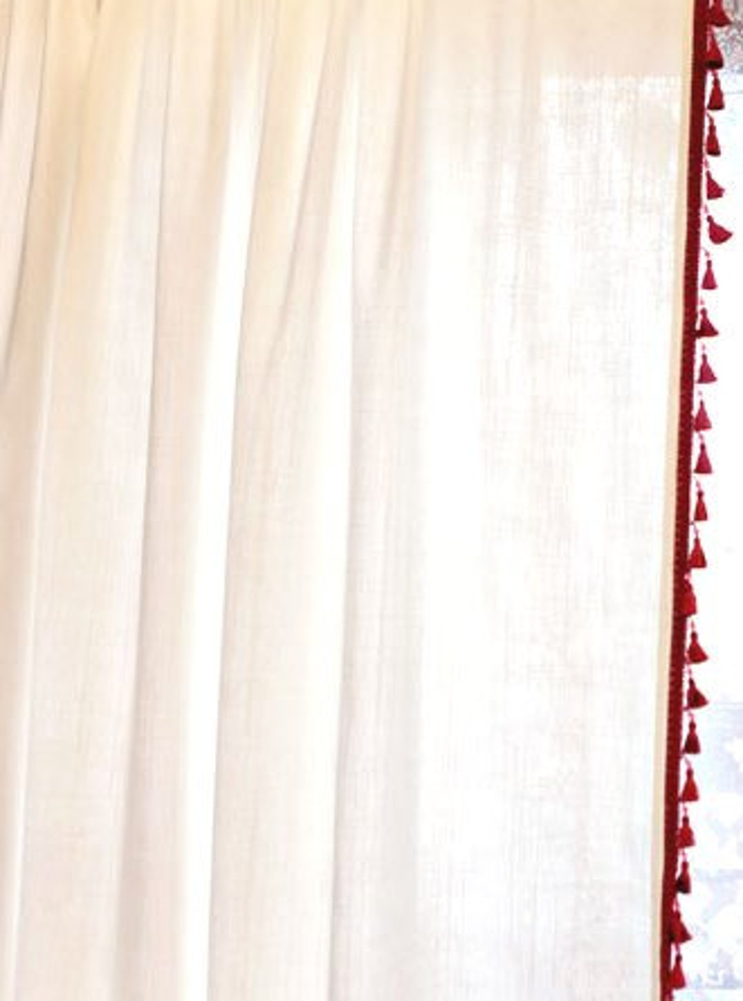 Ivory Cotton Tassel Curtains, off White Tassel Trim Curtains, Farmhouse