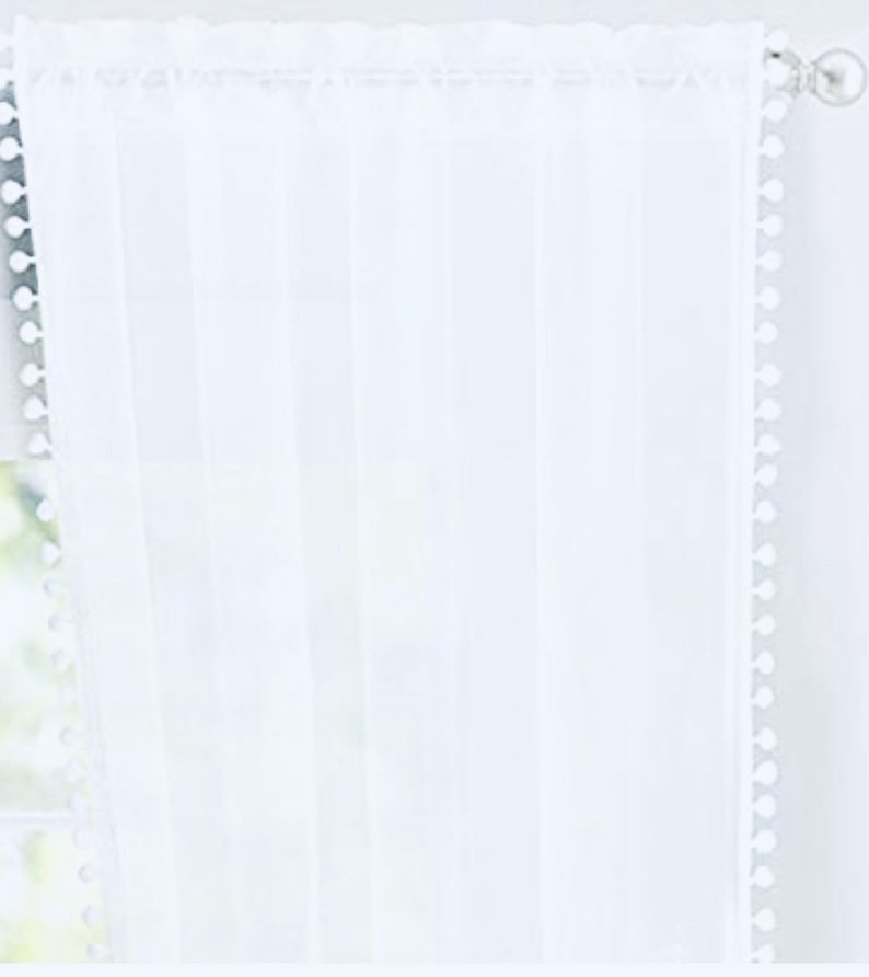 Pink Sheer Curtains With Pink Pom Trim Pink Pom Sheers Etsy