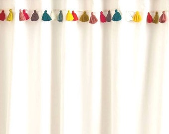 Multicolored Tassel Cotton Shower Curtain, Rainbow Tassel Shower Curtain, Rainbow Pom Shower curtain -color options