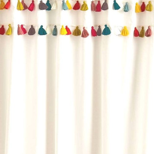Multicolored Tassel Cotton Shower Curtain Rainbow Tassel Etsy
