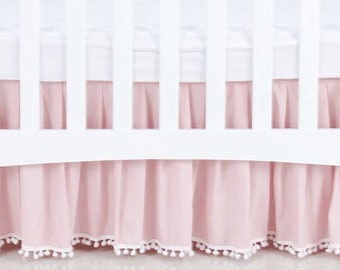 Pink Crib Skirt with Pom Poms or Tassels