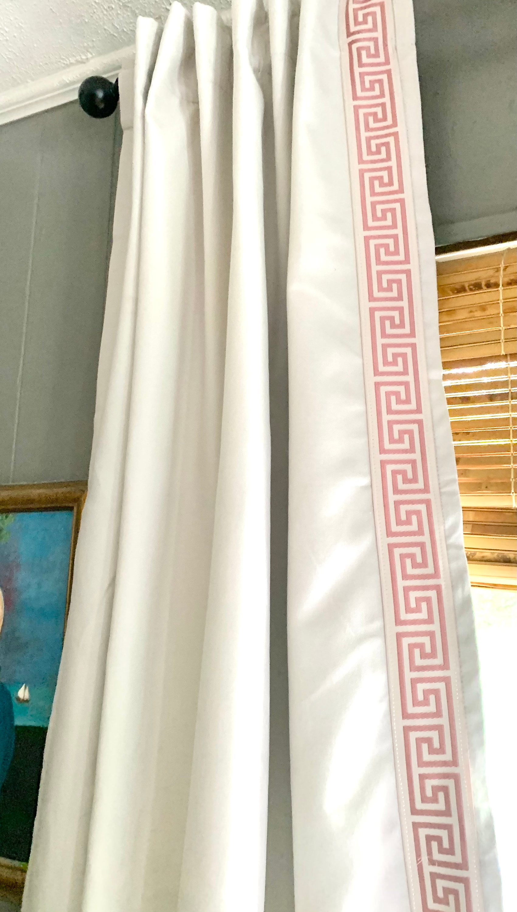 Greek Key Trim Curtains, Greek Key Ivory pleated curtains, Greek Key blackout curtains, Greek Key color/fabric options, Greek Key Curtains