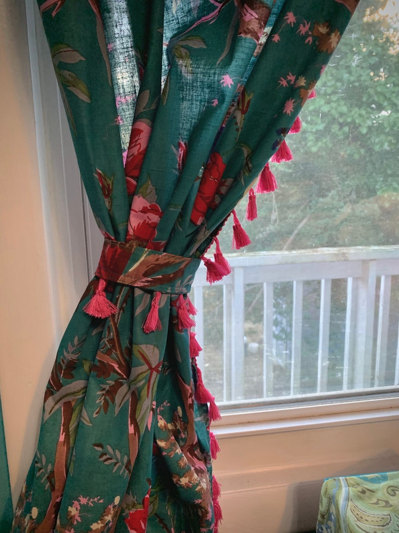 Vintage Cotton Tassel Trim Curtains Bird Print Tassel Etsy