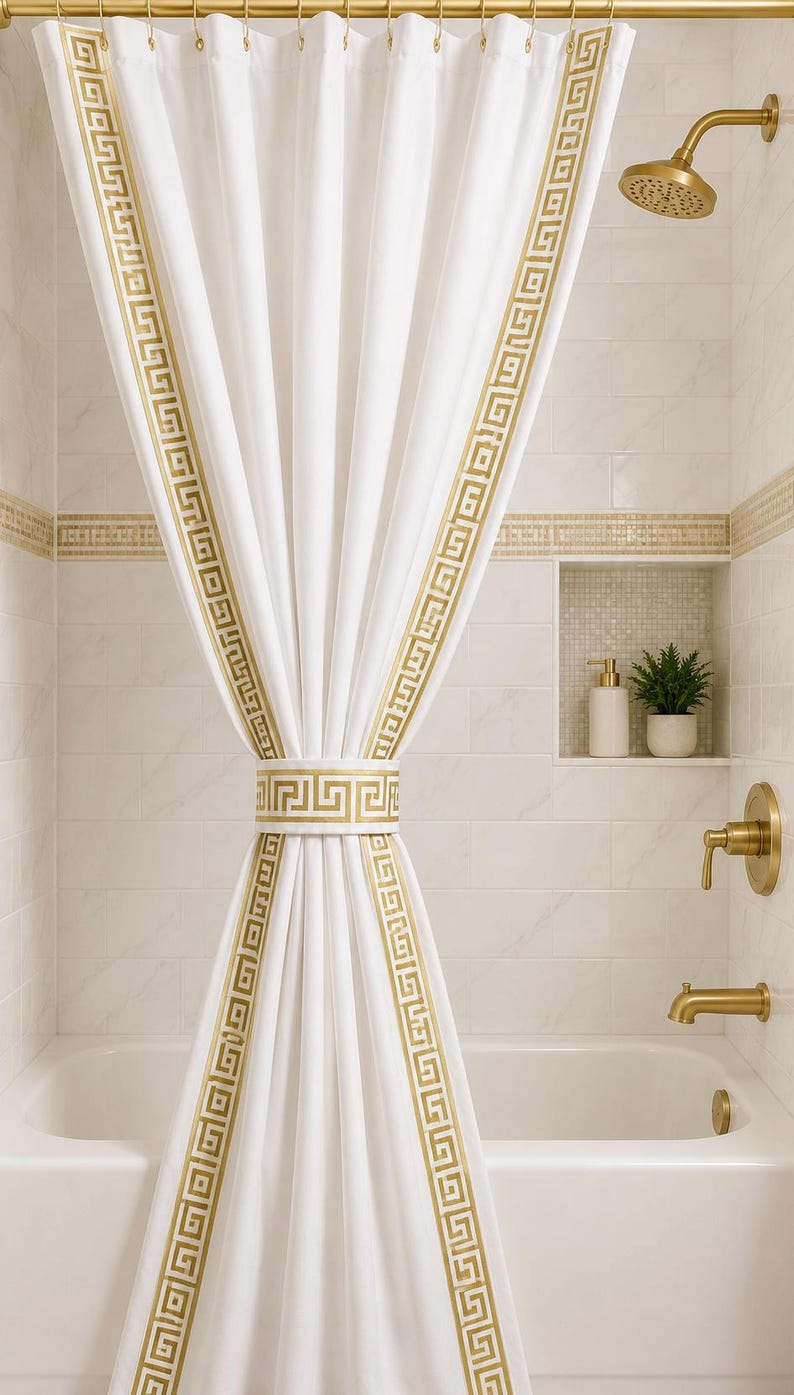 May include: A white shower curtain featuring a gold Greek key pattern along the vertical edges and a matching tieback. The curtain hangs from a gold rod with rings, positioned above a white bathtub with gold fixtures and a shower head.