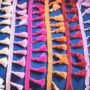Pu&ograve; includere: Una collezione di strisce di passamaneria in tessuto disposte verticalmente con piccole nappe pendenti in uno spettro di colori arcobaleno che include bianco, giallo, pesca, rosa, magenta, arancione, rosso, viola chiaro, azzurro, verde e blu scuro.