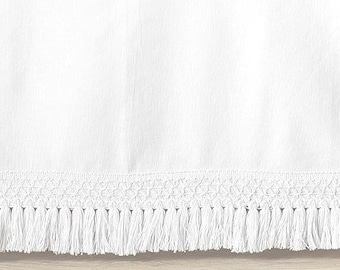 White Flat Style Wraparound Bed Skirt with Macrame Fringe Tassel Trim