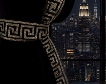 Black Curtains with Greek Key Ribbon Trim, Greek Key Curtains SALE