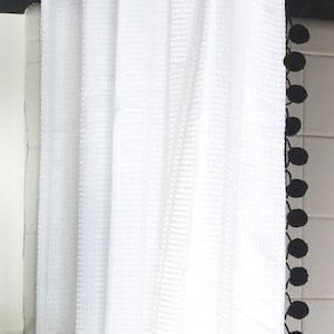 Extra Long White Cotton Waffle Weave Shower Curtain with Pom Poms -