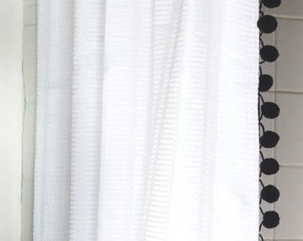 Cotton Waffle Weave Shower Curtain with Pom Pom trim