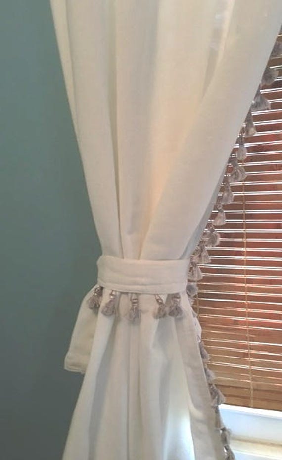 Grey Silk Tassel Trim Curtain With Tieback Etsy
