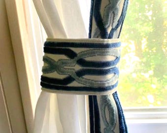 Velvet Chain Trellis Trim Curtains, Blue Velvet Ribbon Blackout Curtains, Grey Velvet Trellis Chain Curtains, Pleated Trellis Curtains