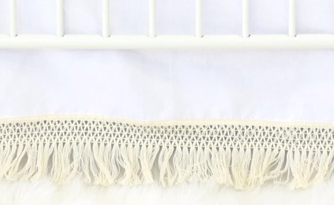 Crib Skirt With Tassel Fringe, White Crib Skirt With Macrame Fringe