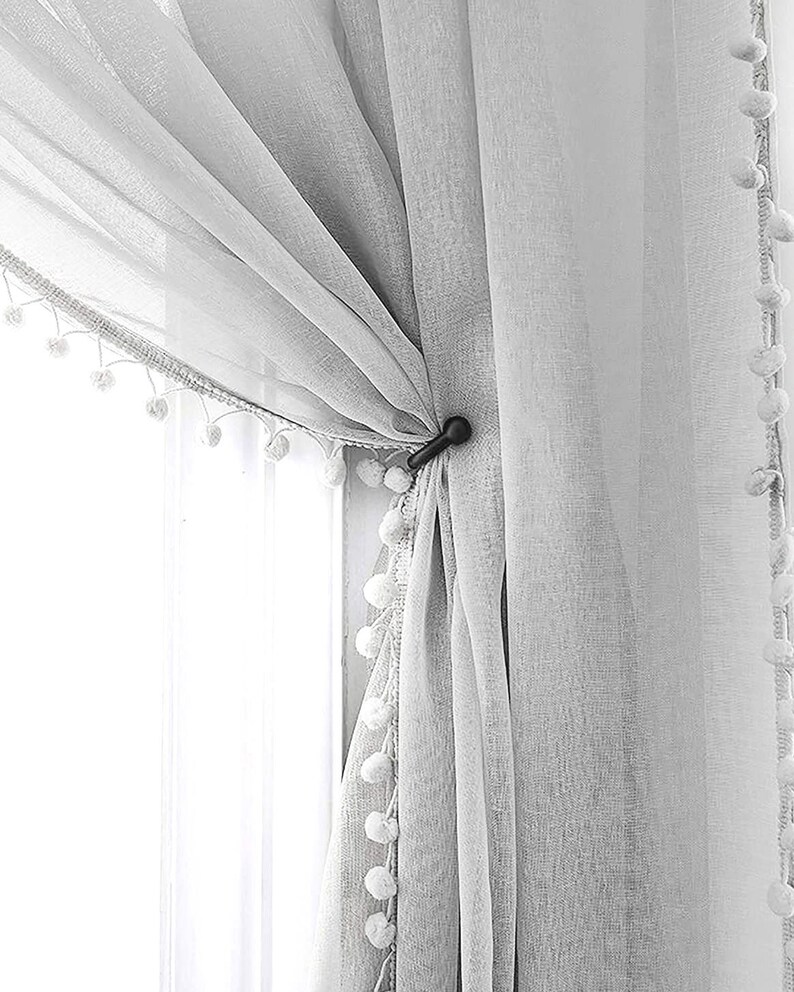Grey Sheer Curtain With Grey Pom Trim Etsy