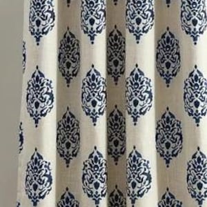 Damask Medallion Ikat Print Curtains, Blue and White Print Curtains, Ikat lined curtains, Ikat Cotton Thermal Curtains
