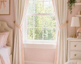 Greek Key Extra Wide Trim Curtains, Elegant Embroidered Window Drapes