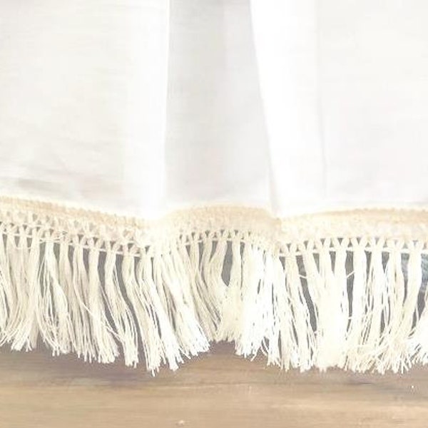 White Bed Skirt with Macrame Fringe Tassel Trim, Bed Skirt with color options
