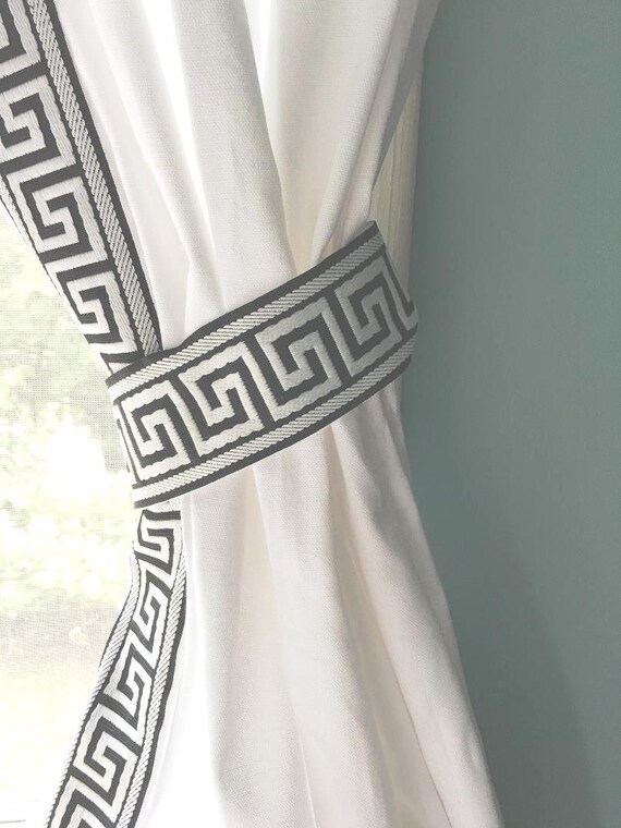 White Curtain With Black And White Greek Key Trim And Tiebacks Etsy