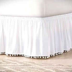 Wraparound Bed Skirt, Wraparound Pom Tassel Bed Skirt, Dorm Bed Skirt with Pom Trim, Tassel Dust Ruffle