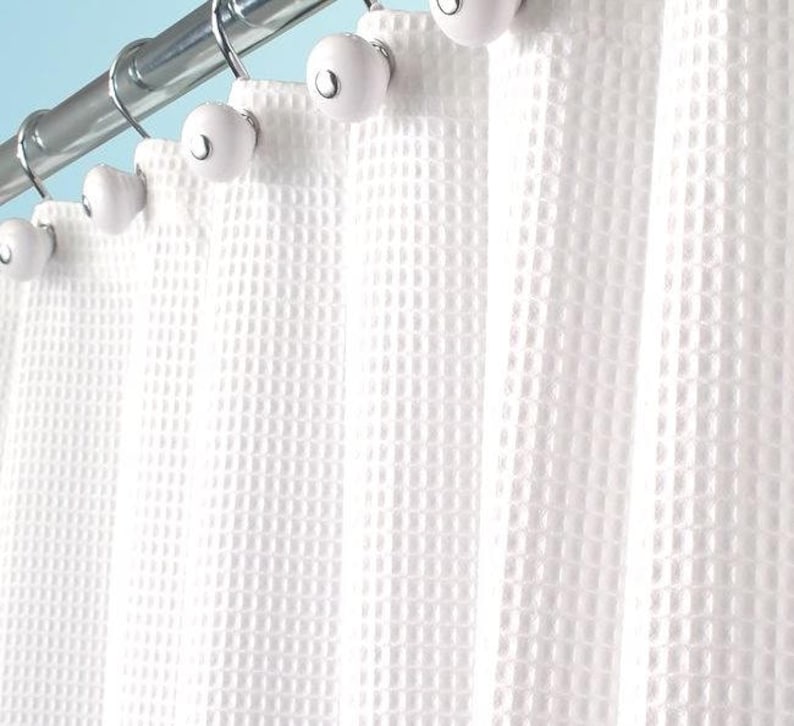 Extra Wide Pom Pom White Waffle Weave Shower Curtain Etsy