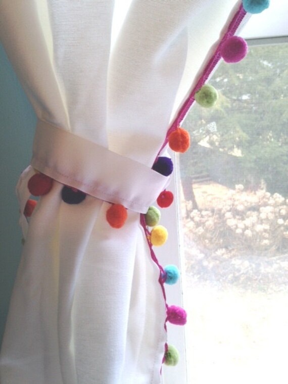 White Cotton Curtain With Rainbow Multi Color Pom Pom Trim Etsy