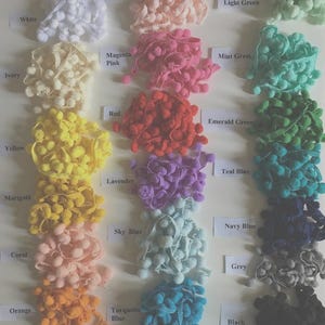 Pu&ograve; includere: Una collezione di nastri con pon pon disposti in tre colonne verticali, ciascuna etichettata con il proprio colore: bianco, avorio, giallo, calendula, corallo, arancione, rosa chiaro, rosa magenta, rosso, lavanda, azzurro cielo, blu turchese, verde chiaro, verde menta, verde smeraldo, blu ottanio, blu navy, grigio e nero.