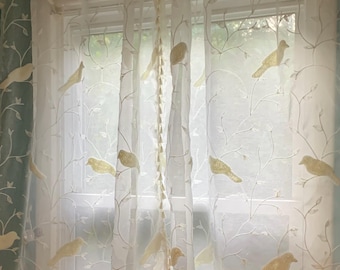 Sheer Curtains with tassel trim, sheer bird textured curtains with tassels