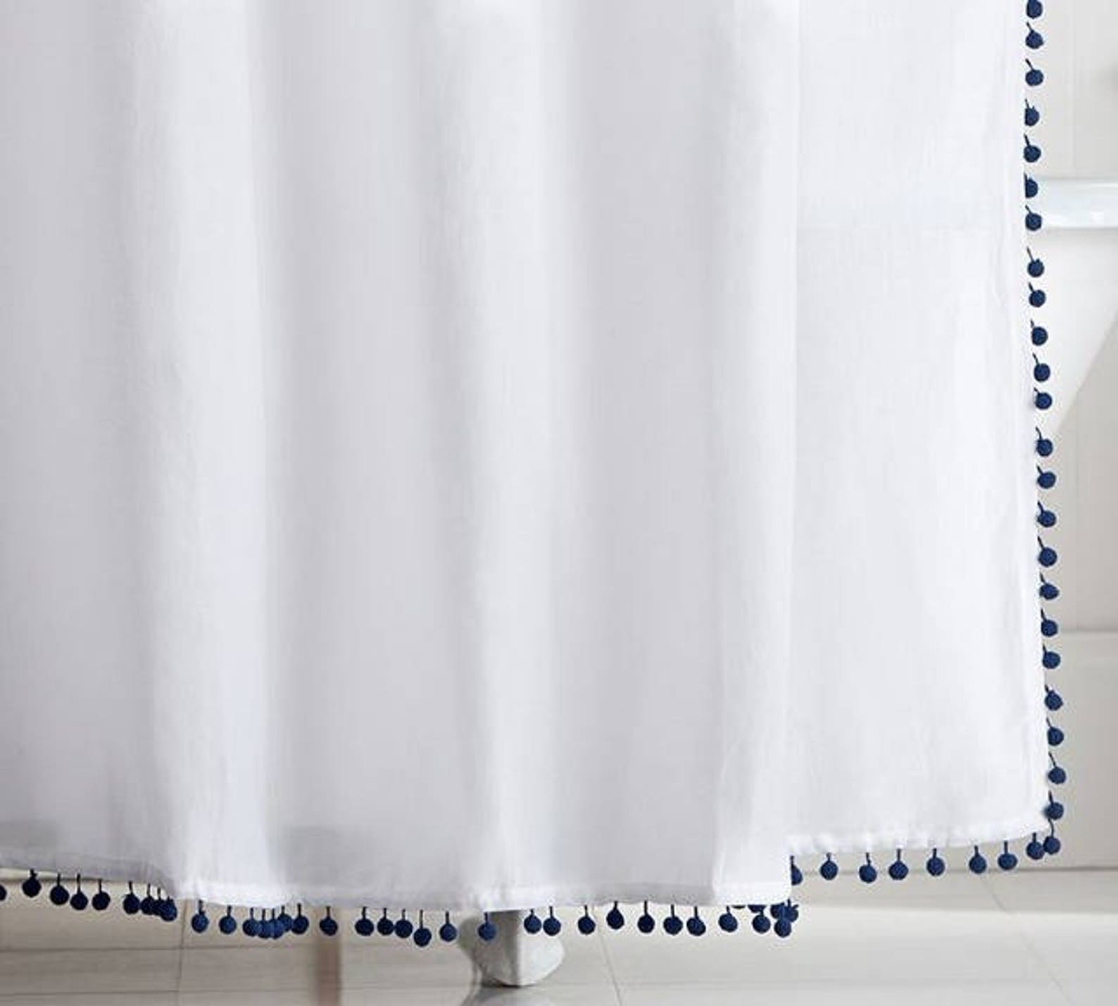 White Cotton Pom Pom Shower Curtain Pom Trim Shower Curtain Etsy