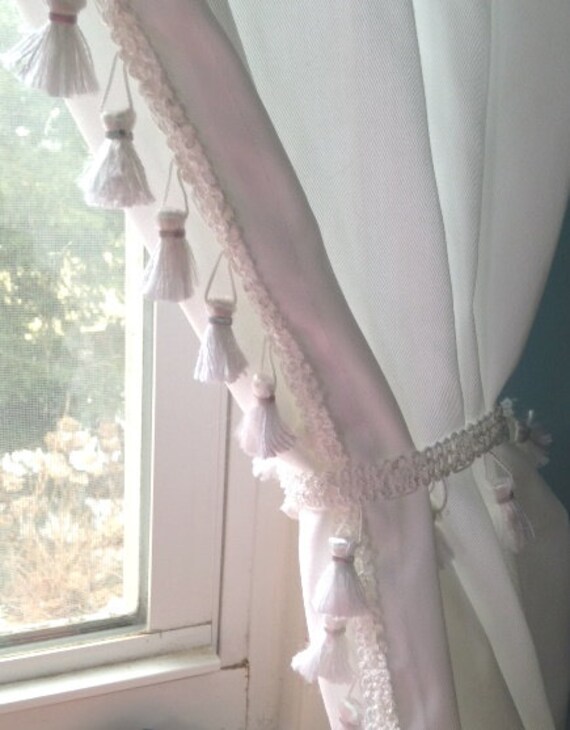 Grey Silk Tassel Trim Curtain With Tieback Etsy