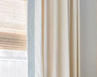 Ivory Linen Cotton Blend Greek Key Trim Curtains, Greek Key Ivory curtains, Off white Greek Key trimmed curtains / color options