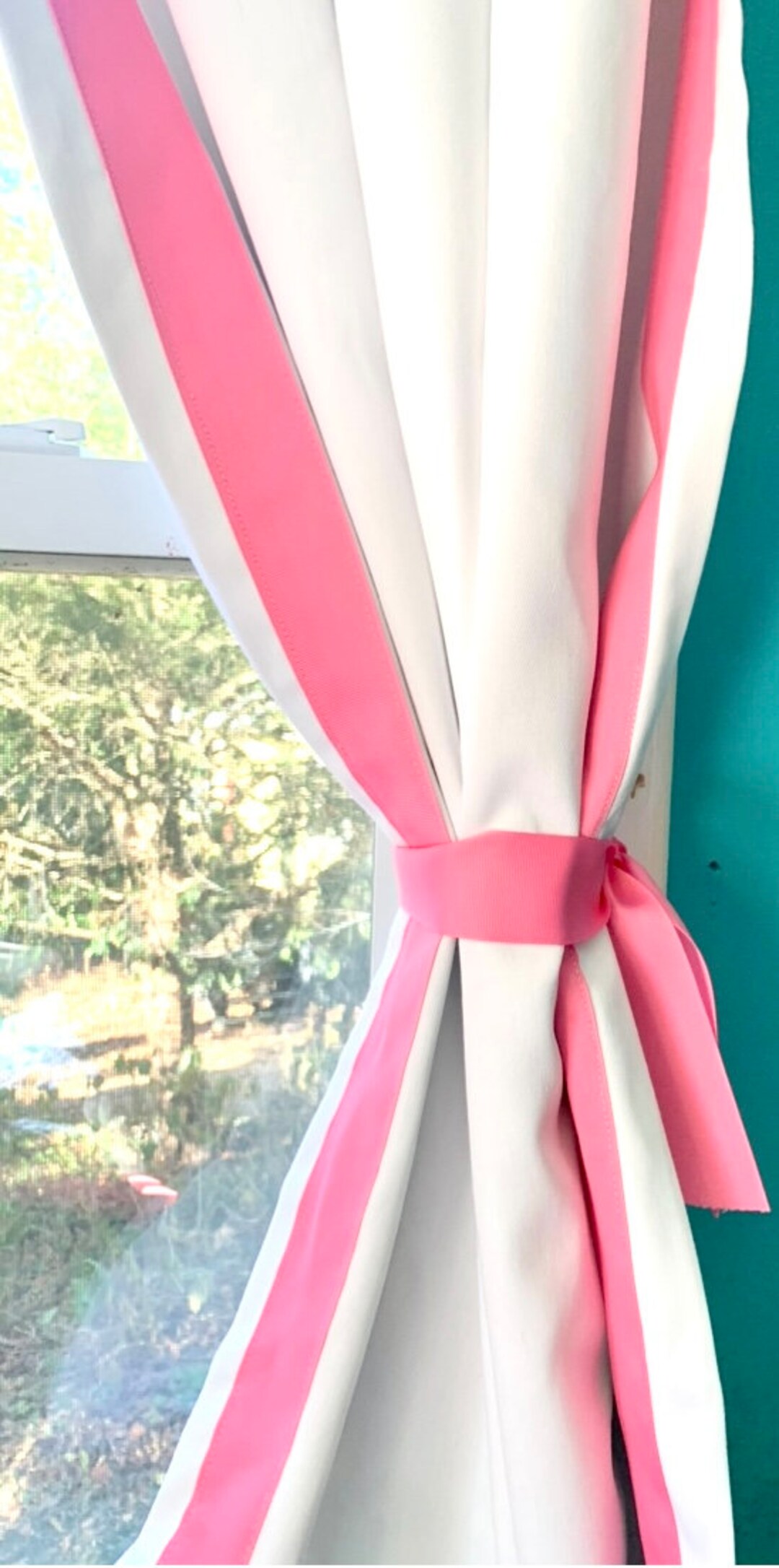 Ribbon Curtains SALE, White Cotton Blackout Ribbon Border Curtains