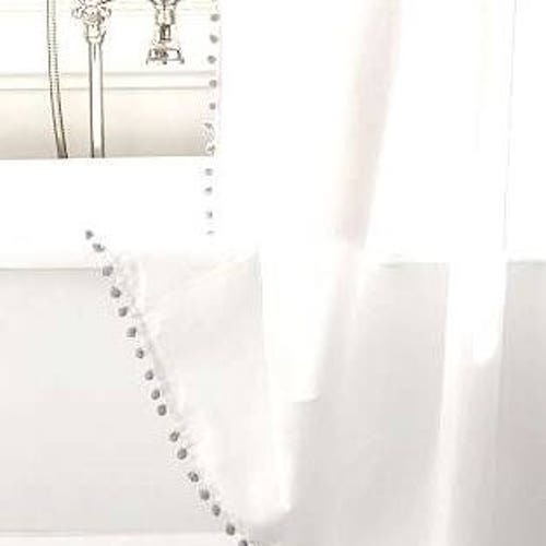 White Cotton Extra Long Shower Curtain With Pom Pom Trim Etsy