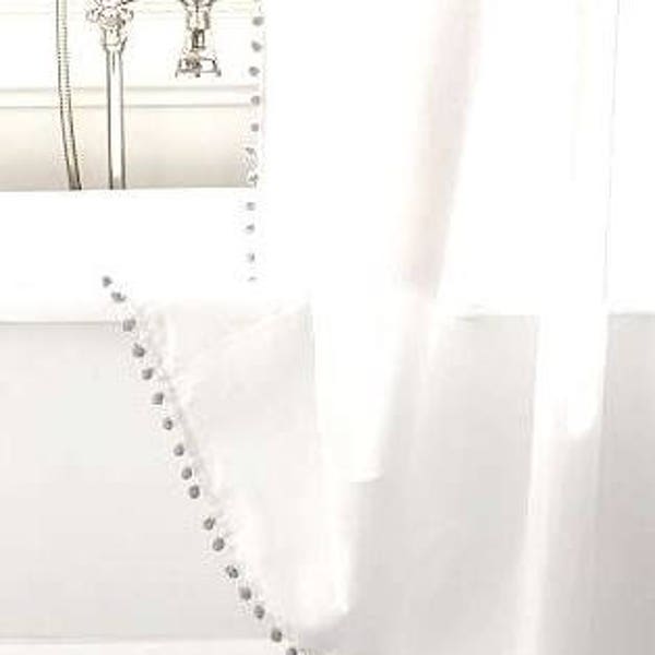 White Cotton Extra long Shower Curtain with Pom Pom Trim  - color options