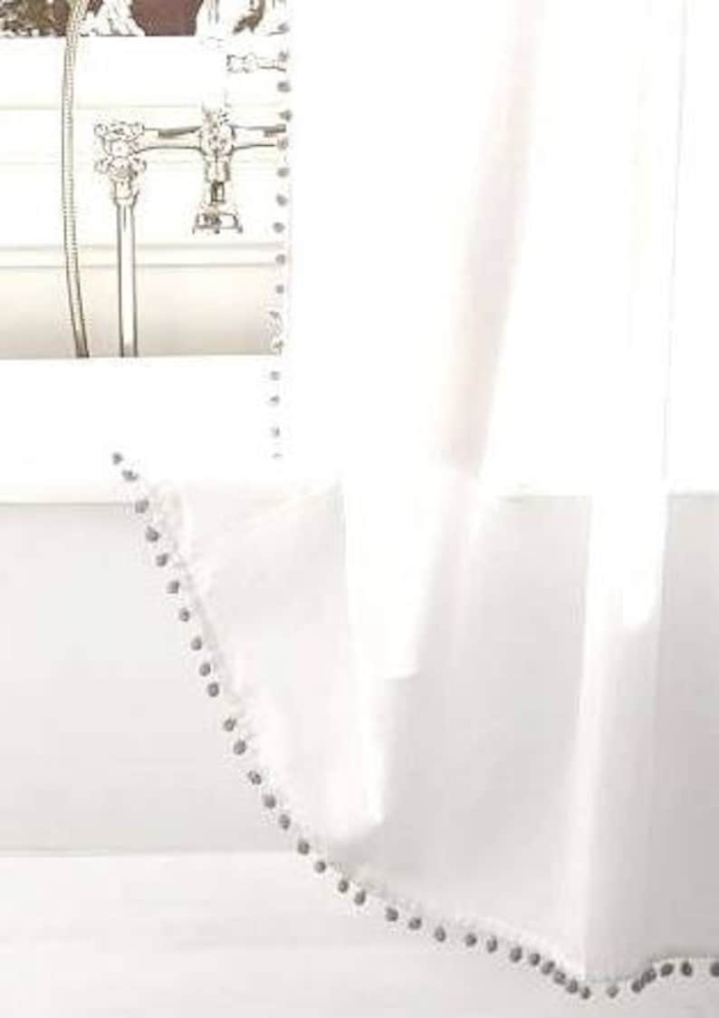 White Cotton Extra long Shower Curtain with Pom Pom Trim Etsy