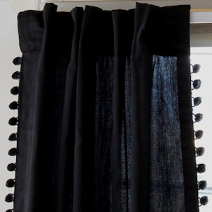 Back in Black Cotton Linen Curtains with Black Pom Trim, Black Pom Pom Curtains, Black tassel curtains, Pinch Pleat Pom curtains