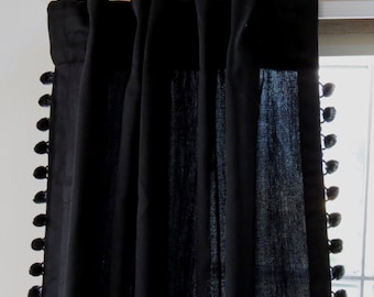 Back in Black Cotton Linen Curtains with Black Pom Trim, Black Pom Pom Curtains, Black tassel curtains, Pinch Pleat Pom curtains