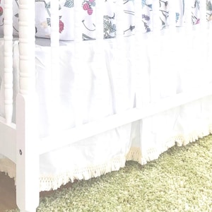 Tassel Fringe Bed Skirt, Pleated Tassel Bed Skirt, White Flat Macrame Fringed Crib Skirt