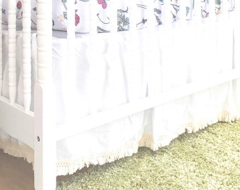 Tassel Fringe Bed Skirt, Pleated Tassel Bed Skirt, White Flat Macrame Fringed Crib Skirt