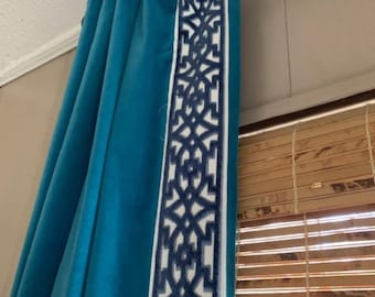 Ivory Velvet Fretwork Ribbon trimmed curtains, Velvet trim curtains, Pleated Fretwork Trellis trim curtains- color options