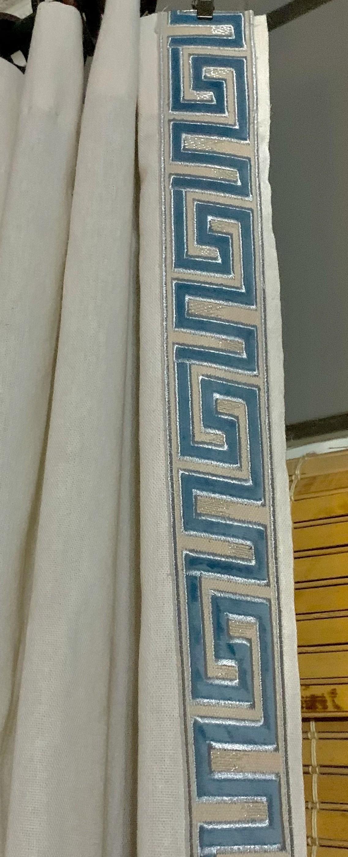Ivory Linen Cotton Blend Greek Key Trim Curtains, Greek Key curtains SALE, Blue Greek Key Greek trimmed curtains, Greek Pleated Curtains