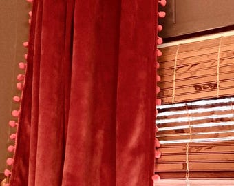 Velvet Tassel Curtains Velvet Pom Pom curtains, Terracotta Velvet Blackout curtains, Rust Velvet pleated tassel or pom trim curtains